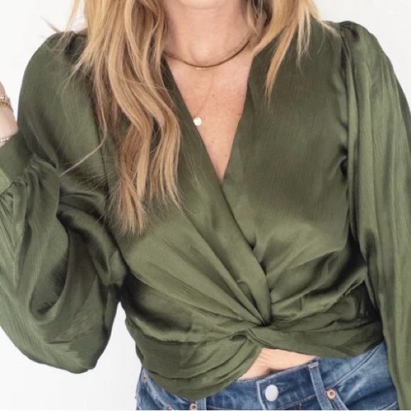 Olive blouse. Size small. Twist in front and hidden zipper for easy pull on. - Picture 3 of 3